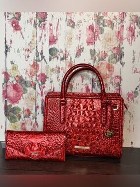 BRAHMIN RED OPAL CAMI SATCHEL & VERONICA WALLET GLIMMERING FIRE GLOW NWT SET